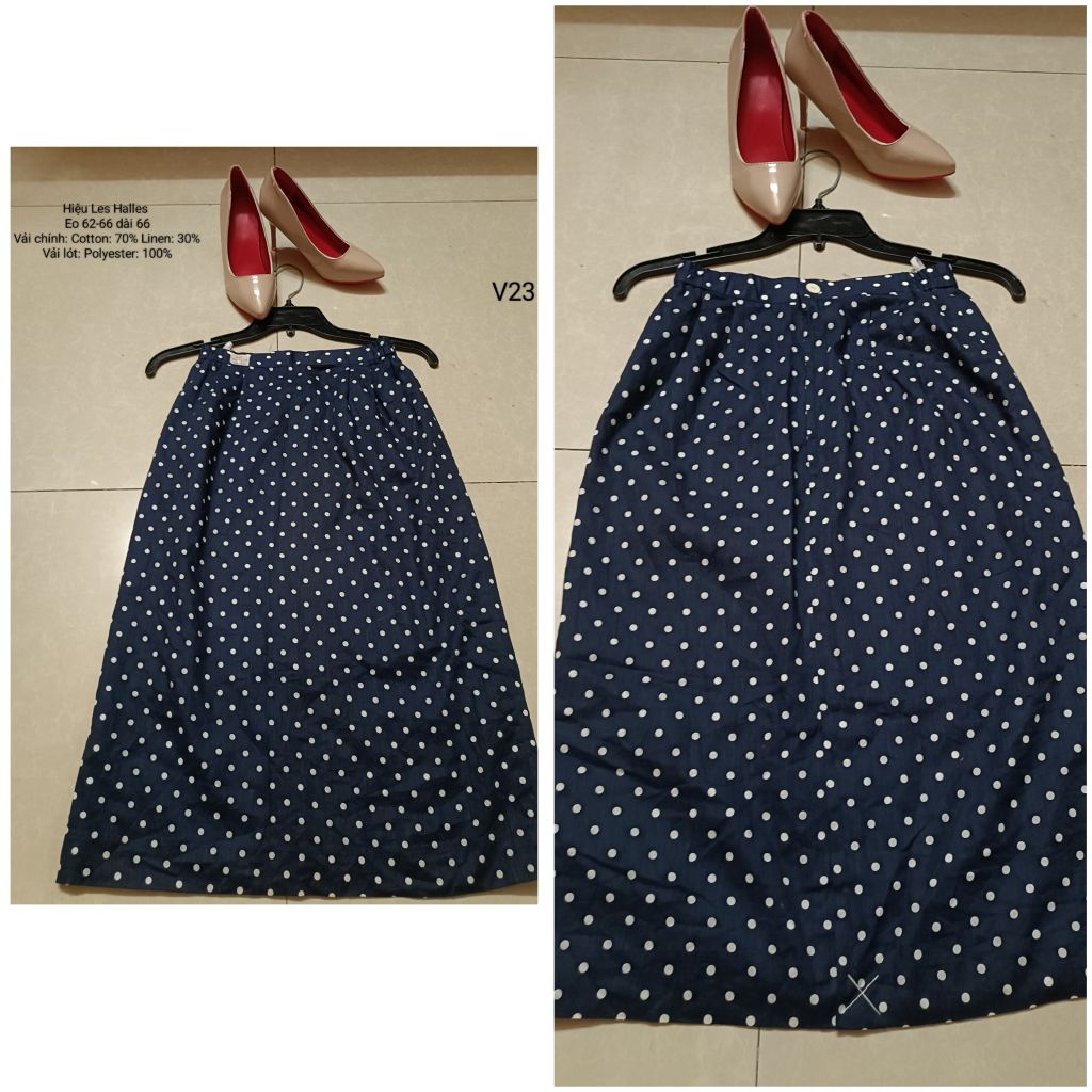 CV100#Chân váy chấm bi Les Halles form A dáng dài thanh lịch vải cotton linen cao cấp
