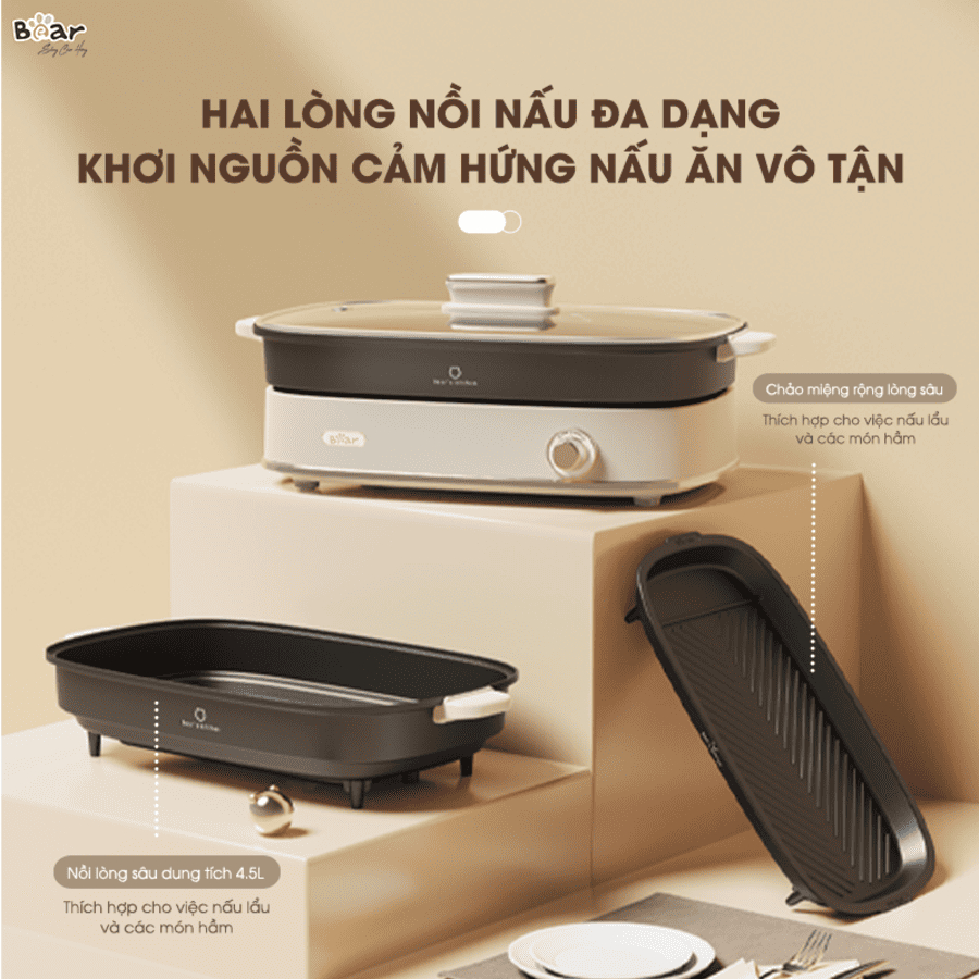 Nồi Lẩu Điện Đa Năng BEAR 4.5L Bếp Lẩu Nướng Điện Mini Sôi Nhanh, Chống Dính SB-NL45K