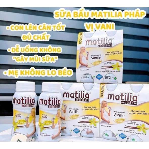 Lốc 4 chai sữa bầu matilia pháp chai 200ml vị vani, socola, bích quy