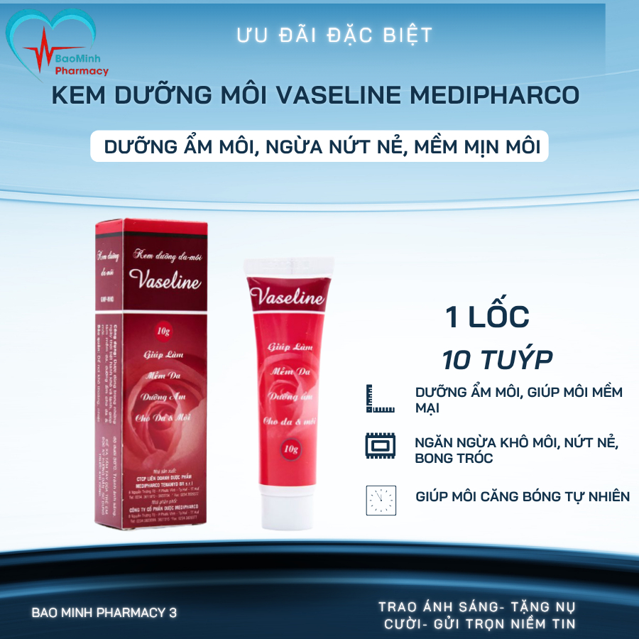 Kem Dưỡng Môi Vaseline Medipharco Lốc 10 Tuýp x 10g – Dưỡng Ẩm Môi, Ngừa Nứt Nẻ, Mềm Mịn Môi