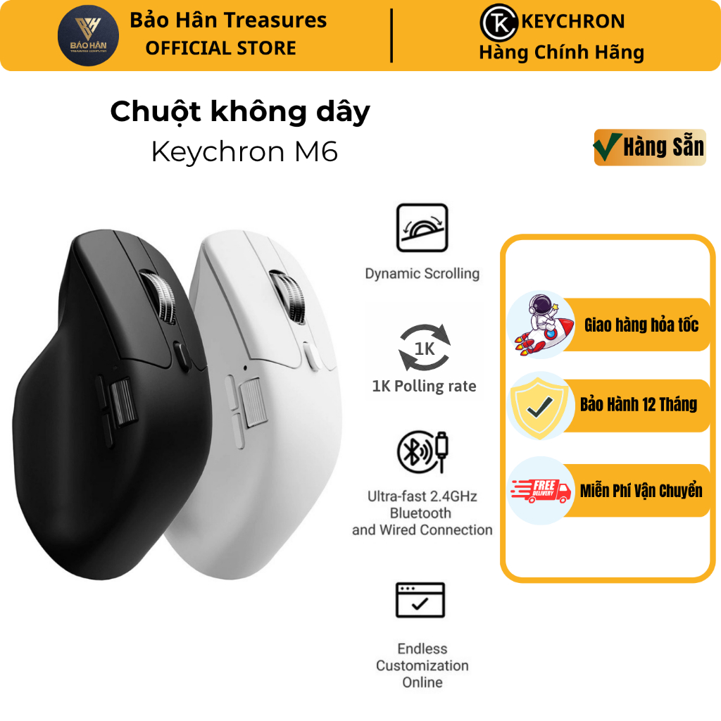 Chuột không dây Keychron M6 Cảm biến PixArt 3395/M6S 3311, DPI 26000, Polling Rate 1000 Hz,  Siêu nh
