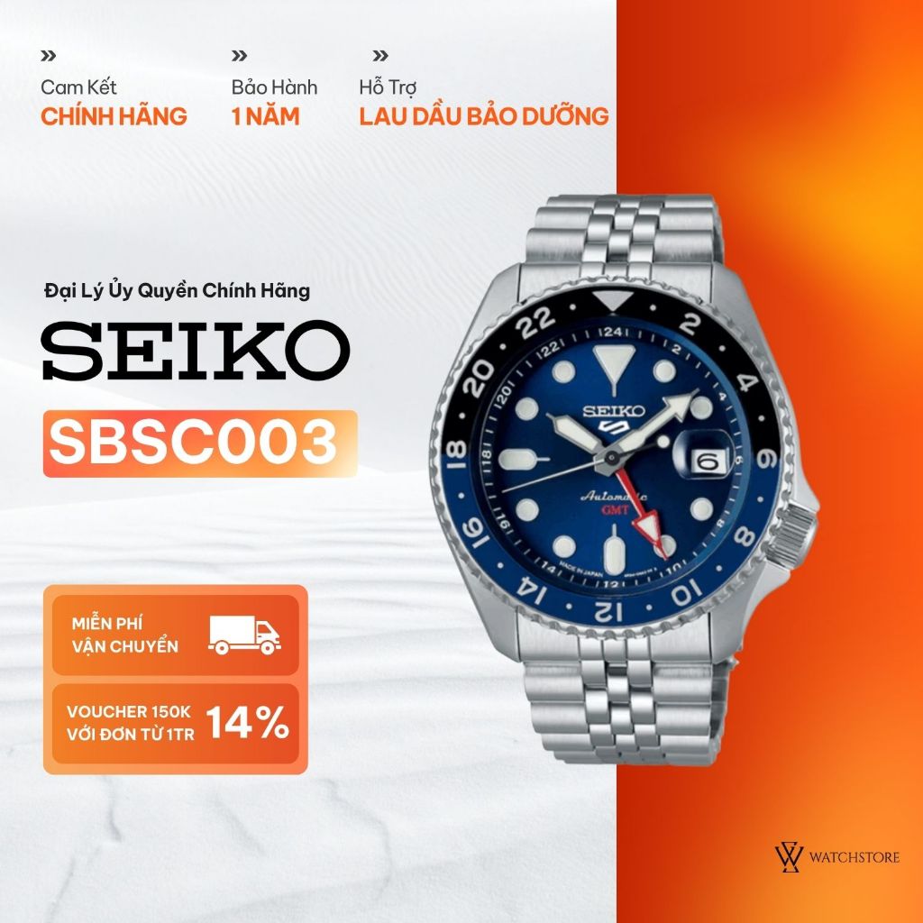 Đồng hồ nam Seiko 5 Sport automatic GMT Dây Jubilee Made in Japan SBSC003 Kính Hardlex Chính Hãng Se