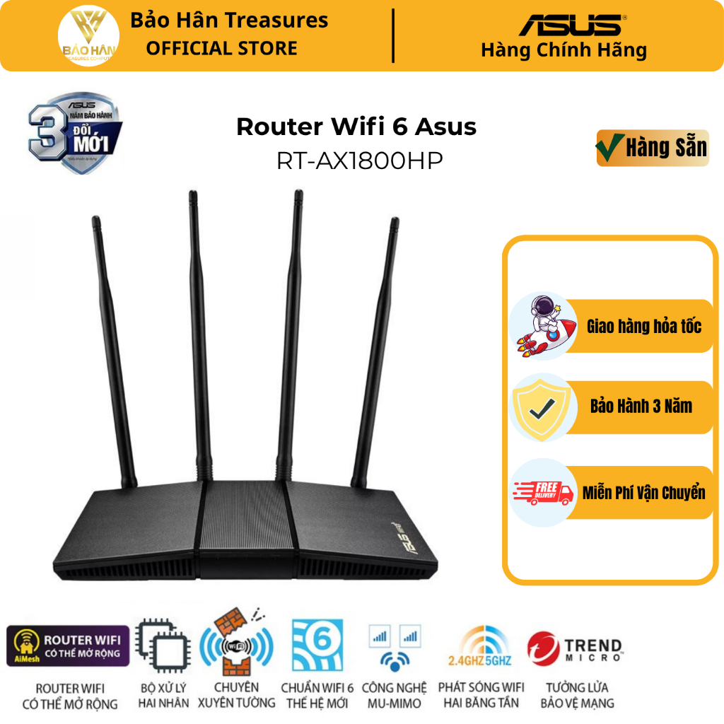 Router Wifi 6 Asus RT-AX1800HP V2 Chuẩn AX1800 (Router WiFi có thể Mesh mở rộng) Xuyên Tường - Hàng 