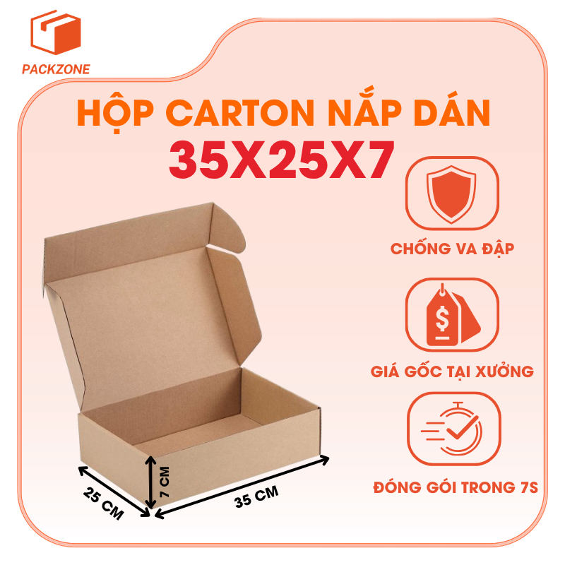Combo 10 hộp carton nắp gài 35x25x7 cm đóng hàng tặng quà bền đẹp, giá rẻ  – PACKZONE
