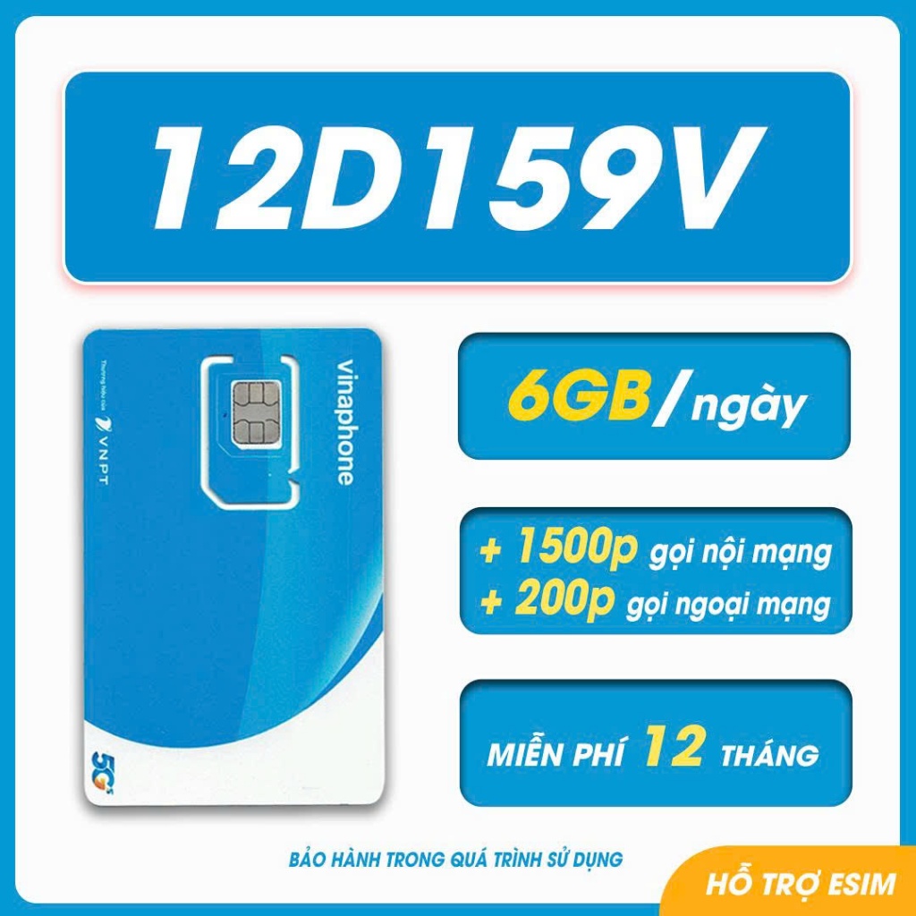 Sim Vinaphone 12D159V -có ngay 6GB/ ngày, 1500 phút nội mạng, 200 phút ngoại mạng, 200 sms.
