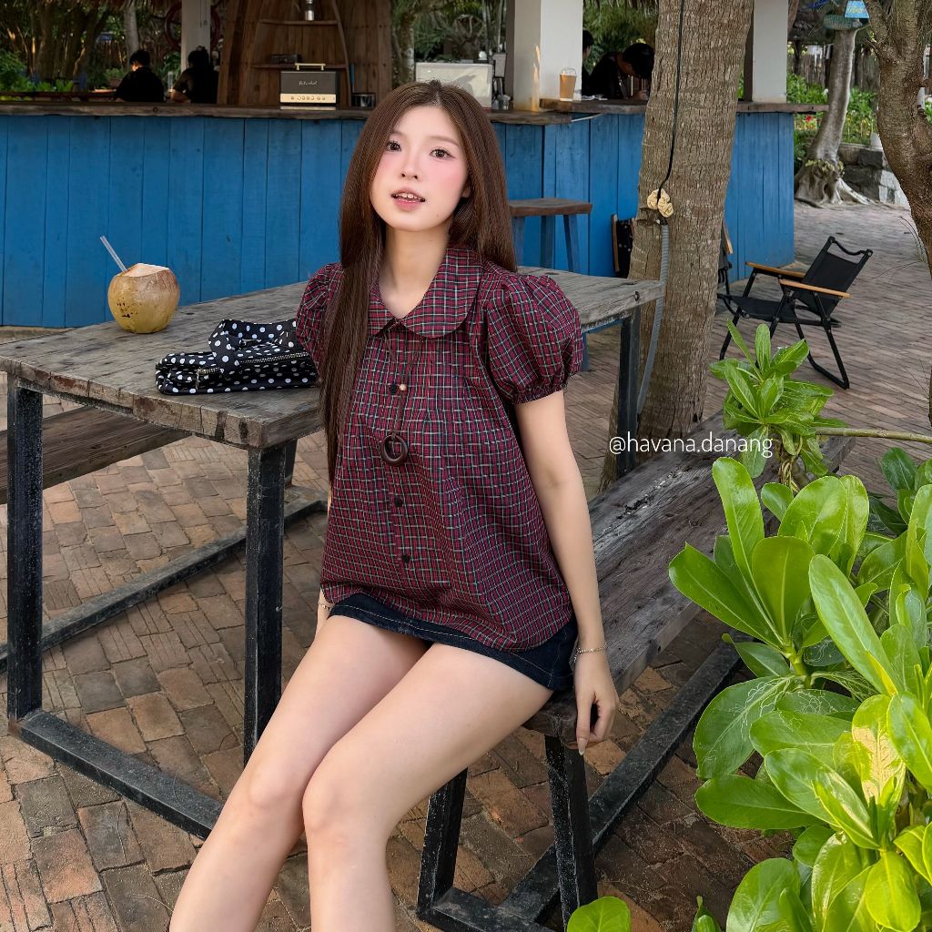 (HAVANA) Áo babydoll CINDY kẻ caro cổ bèo AO785