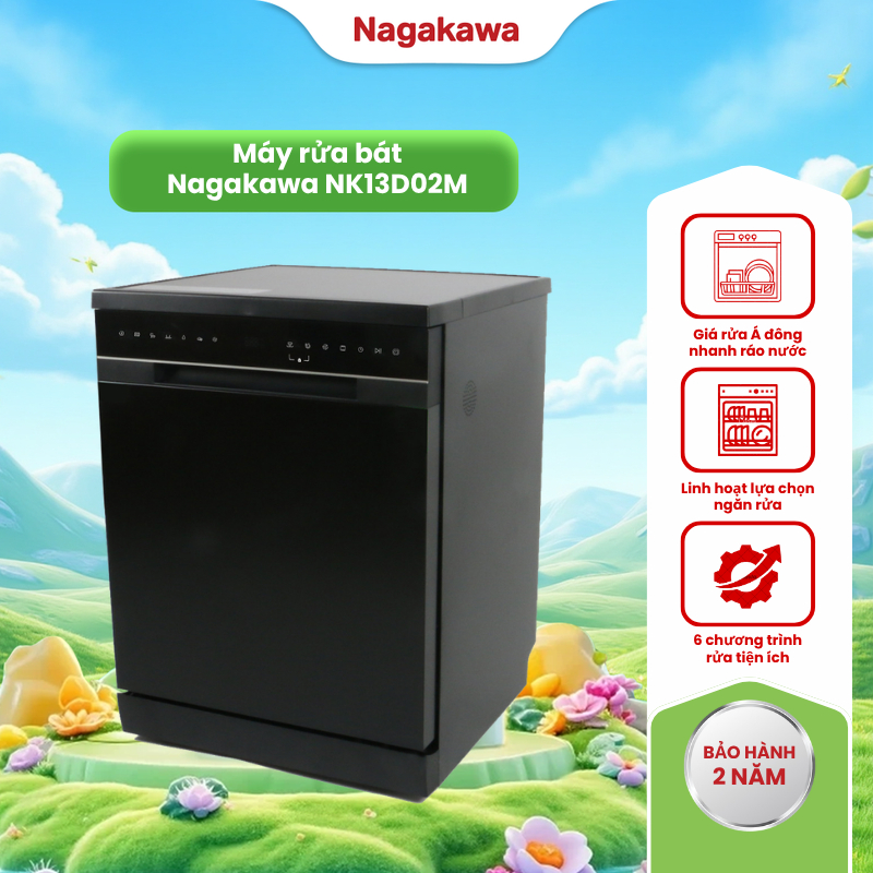 Máy rửa bát Nagakawa NK13D02M, sức chứa 13 bộ bát đĩa, 6 chế độ rửa sấy khô tiết kiệm điện, miễn phí