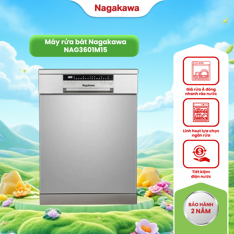 Miễn phí công lắp - Máy rửa bát/rửa chén 8 bộ/15 bộ cao cấp Nagakawa NK8D61M/NAG3601M15 - BH 2 năm -