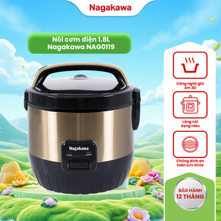 Nồi cơm điện 1.8L Nagakawa màu vàng NAG0119, chống dính, công nghệ ủ ấm 3 chiều, bảo hành 12 tháng
