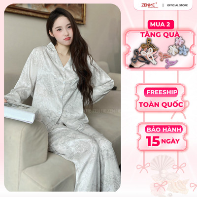 Bộ Ngủ Pijama ZENME Thu Đông Dài Tay Lụa Vân gỗ cao cấp, họa tiết trẻ trung PJDD1025