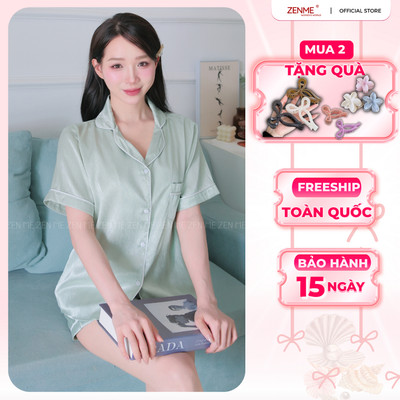 Bộ đồ ngủ Pijama nữ ZENME Tay ngắn Quần Đùi Lụa Vân Gỗ Ánh Kim PJC0325