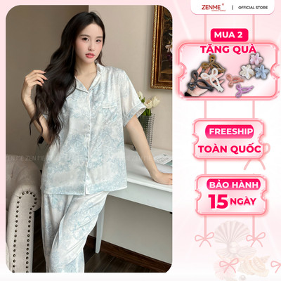 Bộ Ngủ Pijama ZENME Tay Ngắn Quần Dài Lụa Vân Gỗ Cao Cấp Họa Tiết Sang Chảnh PJD1025