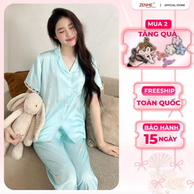 Bộ ngủ lụa latin nữ pijama form rộng Zenme tay ngắn quần phối viền ren xinh xắn PJDR0825