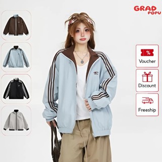 Áo khoác nữ GRADPOPU cổ đứng dáng rộng thiết kế 2 mặt tiện lợi kẻ sọc tay áo phong cách Retro PAK17