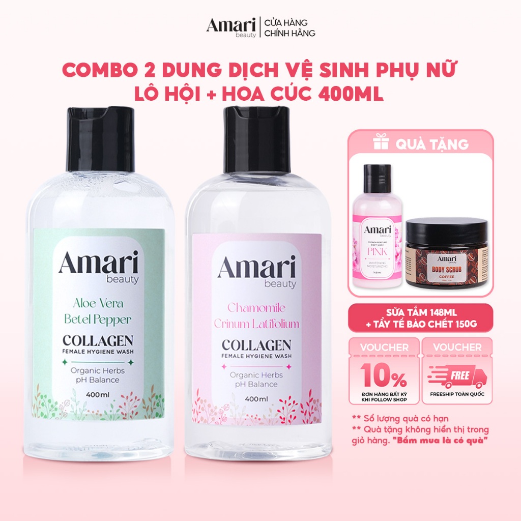 Bộ 2 Dung Dịch Vệ Sinh Phụ Nữ Collagen  Amari Beauty Giúp Làm Sạch, Cân Bằng pH, Khử Mùi- 400ml