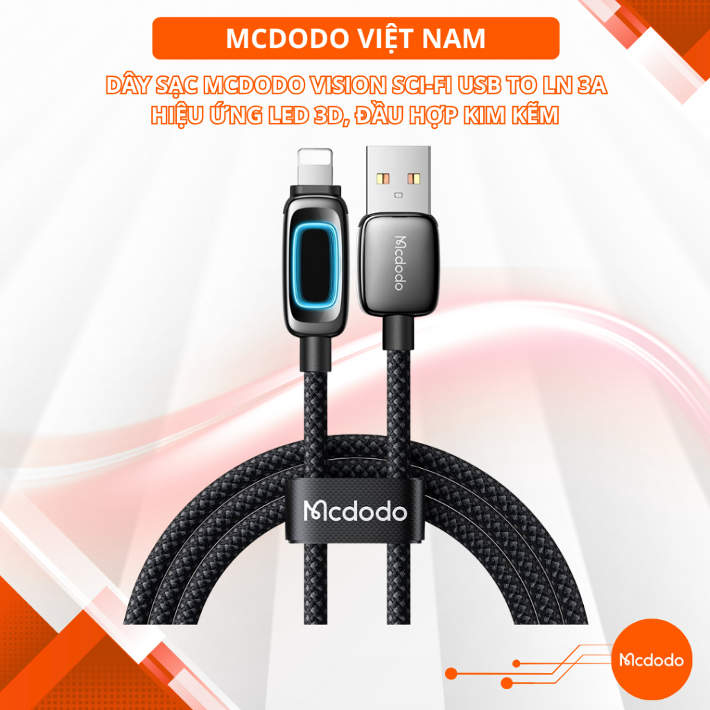Dây Sạc Mcdodo Vision Sci-Fi USB to Ln 3A | Hiệu Ứng LED 3D, Đầu Hợp Kim Kẽm