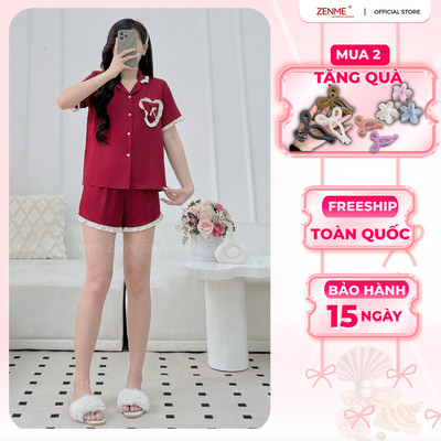 Đồ ngủ Nữ ZENME áo ngắn quần đùi thiết kế bèo túi tim dễ thương PJB0625
