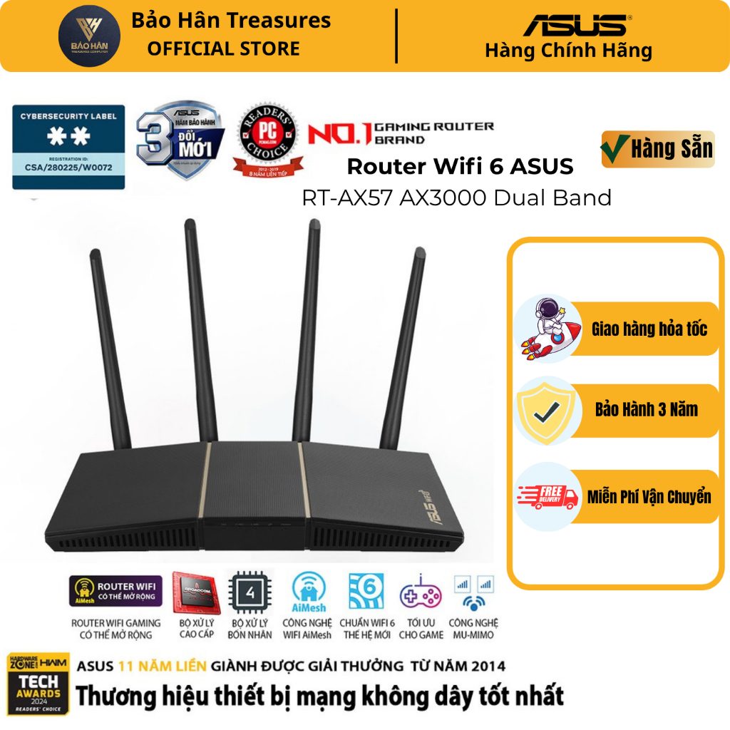 Bộ Phát Wifi - Router Wifi ASUS RT-AX57 AX3000 Dual Band WiFi 6 Router (router WiFi có thể mở rộng) 