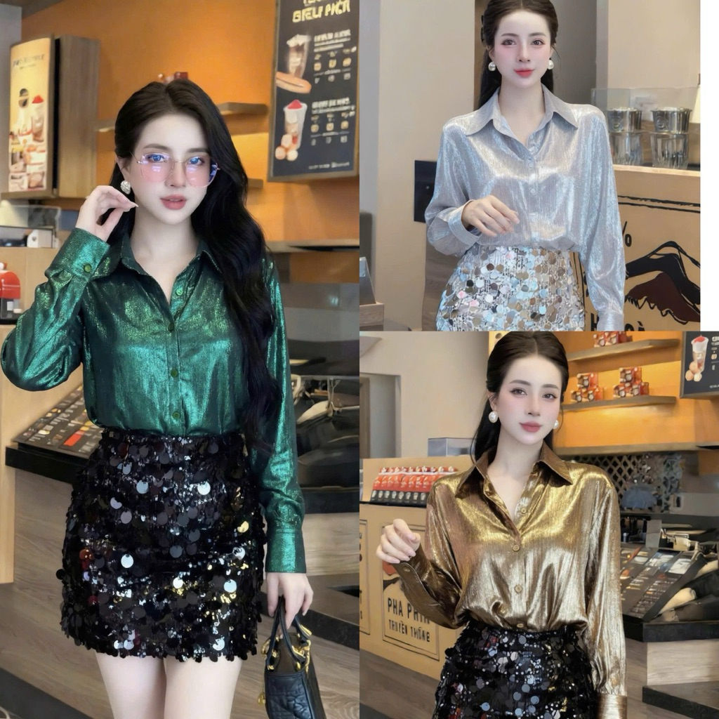 Sunny Shop_ Áo Sơ Mi Nhũ Lạnh Blink Blink Các Màu Form suông dáng Basic