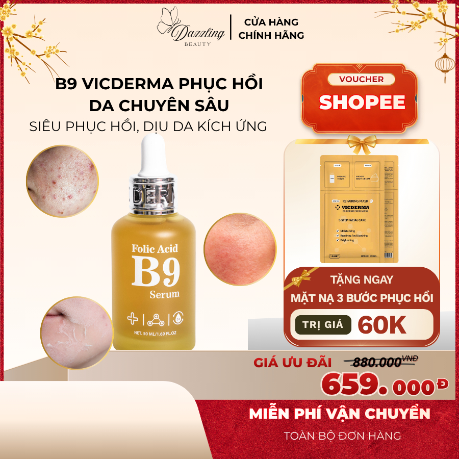 Serum B9 Vicderma Folic Acid B9 3% - Phục Hồi Da ,Tái Tạo Da Treatment, Dịu Da Tức Thì (50ml)