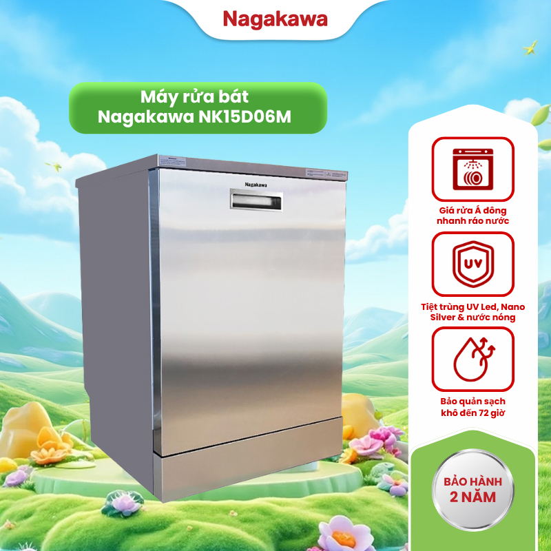 Máy rửa bát 15 bộ Nagakawa NK15D06M, diệt khuẩn UV Led, Nano Silver, bảo hành 2 năm