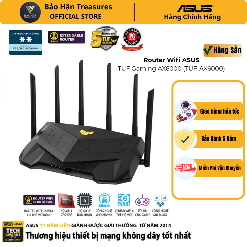 Router Wifi6 ASUS TUF-AX6000 Gaming Router Chuẩn AX6000/ 1148+4804 Mbps (Router WiFi có thể mở rộng)
