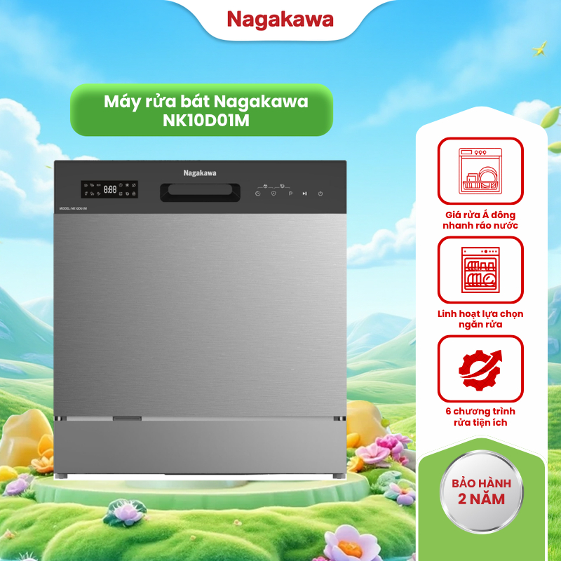 Máy rửa bát Nagakawa NK10D01M, sức chứa 10 bộ bát đĩa, 8 chế độ rửa thông minh khử trùng UV nước nón