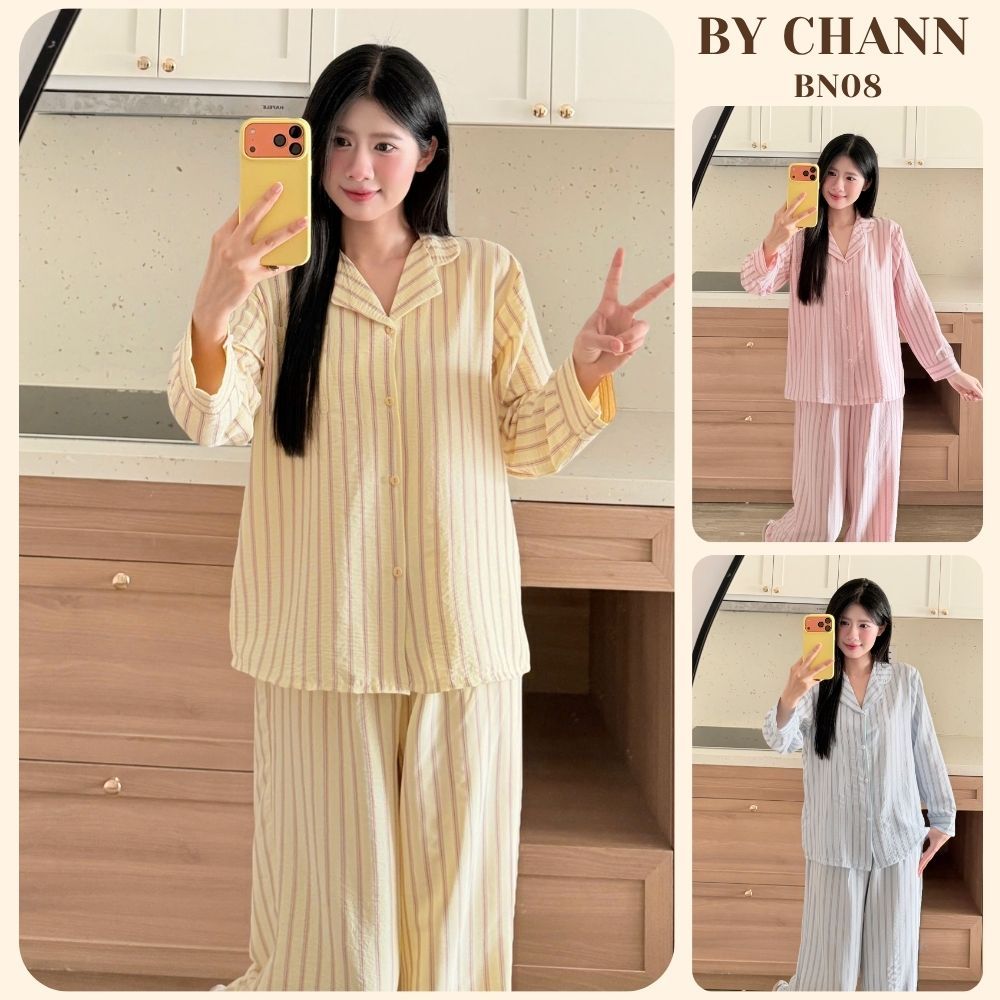 Bộ Đồ Ngủ Pyjamas BY CHANN (BN08) họa tiết kẻ sọc áo dài quần dài, chất liệu đũi mềm có bigsize 80kg