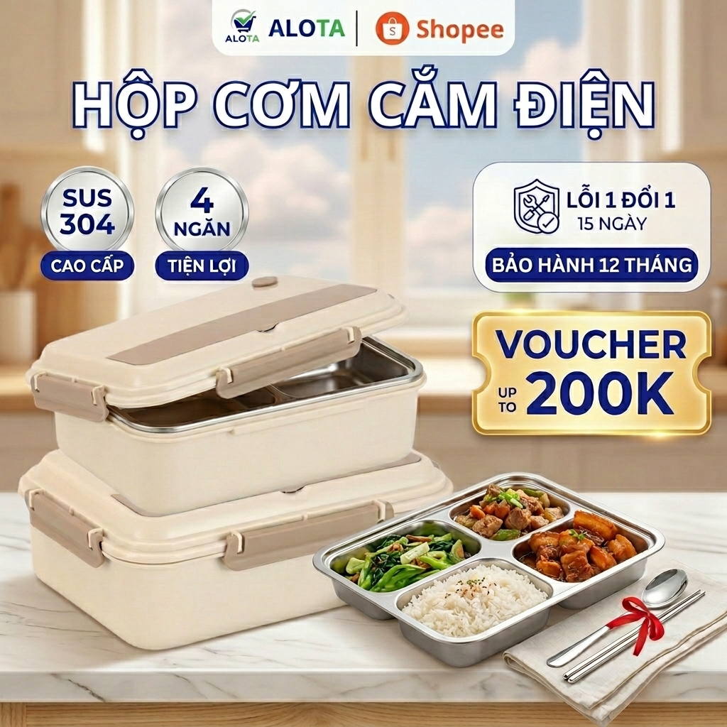 Hộp Cơm Cắm Điện Văn Phòng Achita Inox 304, Không Dùng Nước, Giữ Nhiệt Tốt Bảo Hành 12 Tháng