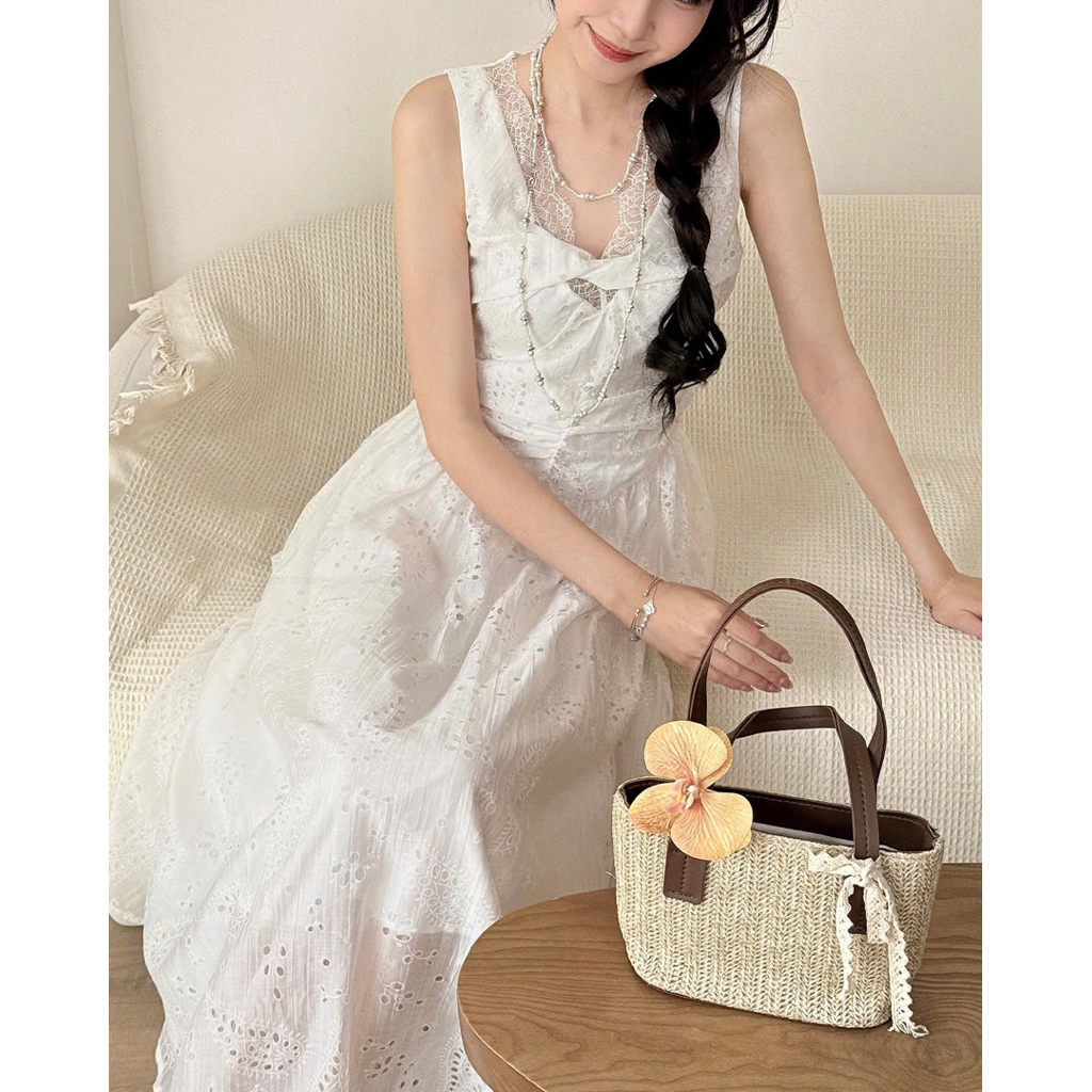 Váy maxi trắng nữ dáng dài thêu hoa nhẹ nhàng vintage tiểu thư Youngie Dress By Jolie Jeace Studio