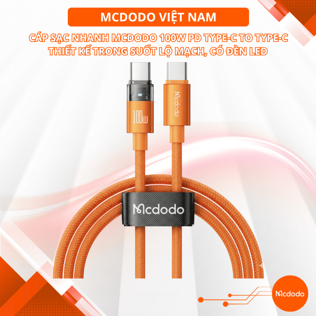 Cáp Sạc Nhanh Mcdodo 100W PD Type-C to Type-C | Thiết Kế Trong Suốt Lộ Mạch, Có Đèn LED