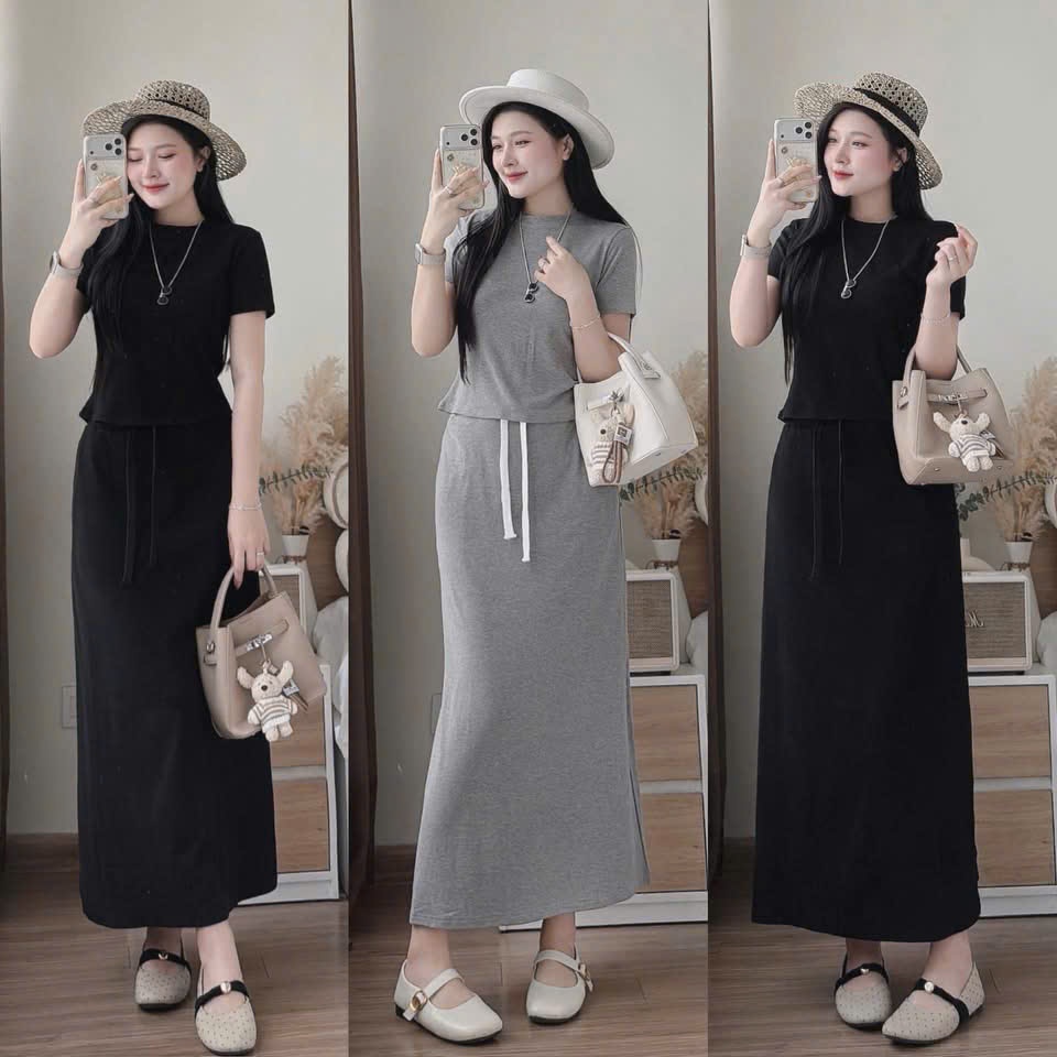 Sét váy dài - Sét váy nữ basic đi làm, đi chơi đều xinh chất borip áo tay ngắn nhún eo cổ tròn phối 