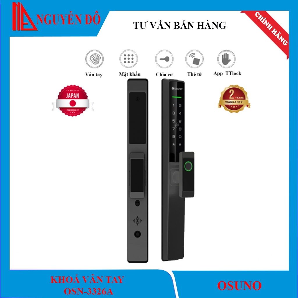 Khoá vân tay cửa nhôm OSUNO OSN-3326A tiêu chuẩn Nhật Bản 6 tính năng nổi bật, cảm biến vân tay live