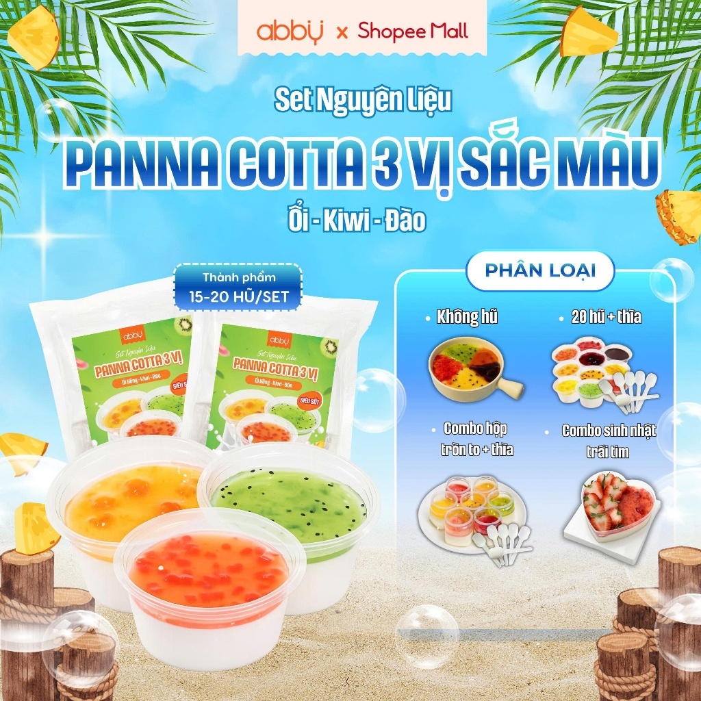 [ABBY] Set làm Panna Cotta 2,3 vị - Thành phẩm 2000ml 15 - 20 hũ/set - Bột trộn sẵn tiện lợi, mứt tr