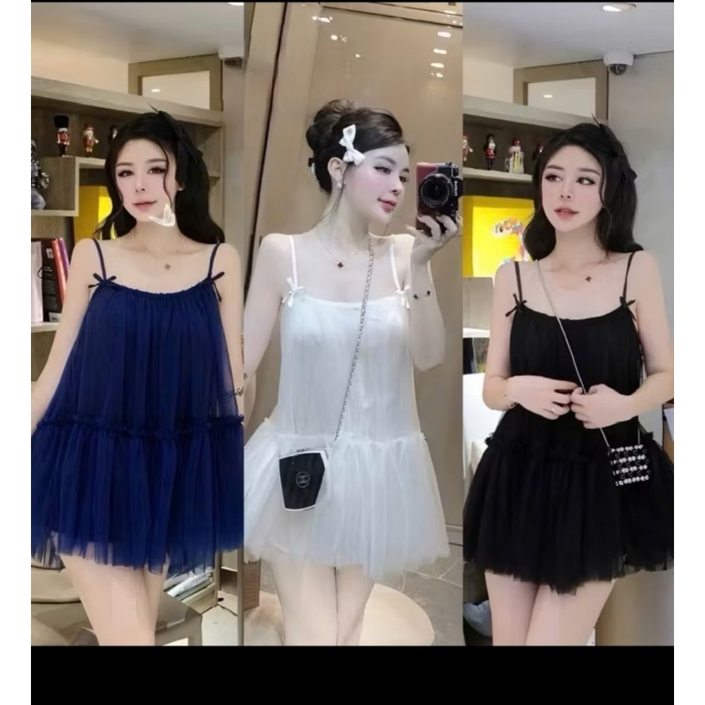 Đầm 2S Babaydoll Lưới 2 Tầng Đính Nơ.