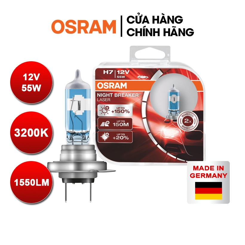 Combo 2 Bóng Đèn Halogen Tăng Sáng 150% OSRAM Night Breaker Laser H7 12V 55W - Nhập Khẩu Chính Hãng