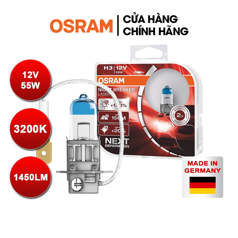 Combo 2 Bóng Đèn Halogen Tăng Sáng 150% OSRAM Night Breaker Laser H3 12V 55W