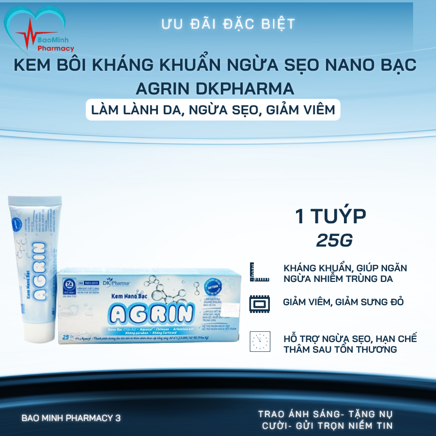 Kem Bôi Kháng Khuẩn Ngừa Sẹo Nano Bạc Agrin DKpharma 25g – Làm Lành Da, Ngừa Sẹo, Giảm Viêm