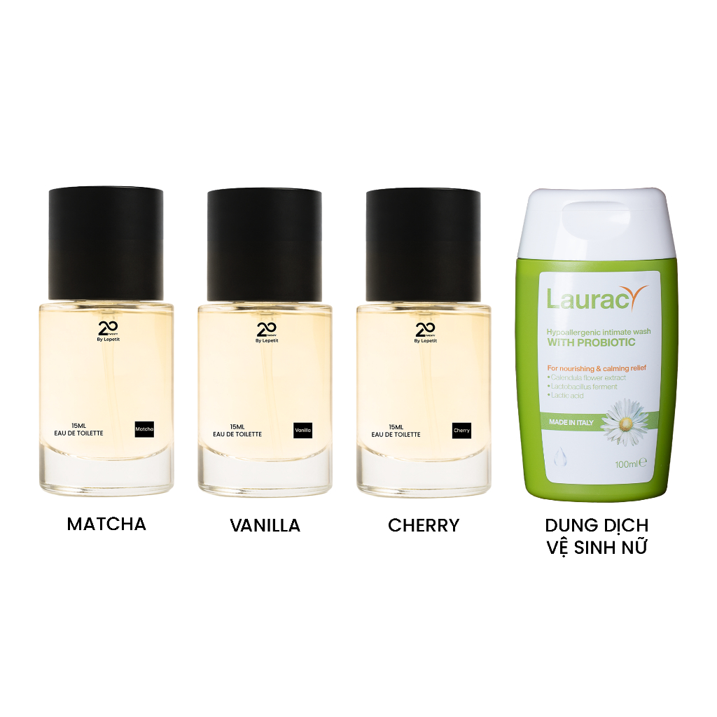 Combo sạch thơm cho nàng Twenty by Lepetit (3 Nước hoa nữ 15ml Matcha, Cherry, Vanilla + 1 Dung dịch
