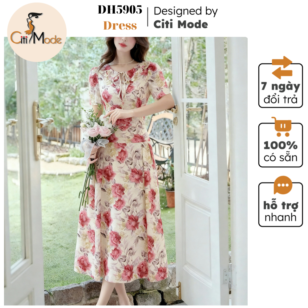 Đầm công sở CITI MODE FASHION thiết kế Đầm xòe hoa đỏ cổ bèo cách điệu DH5905