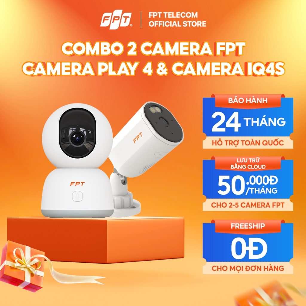 [1 TRIỆU 3 CAM - DEAL ĐỘC QUYỀN] Combo 2 Camera FPT an ninh AI (Play 4 & IQ4S) - Lưu Trữ Bằng Cloud 