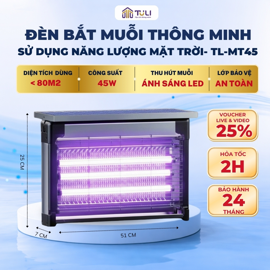 Đèn Bắt Muỗi Năng Lượng Mặt Trời Chống Nước TULI TL-MT45, CSuất 45W, 2 Chế Độ, Ngoài Trời Sân Vườn