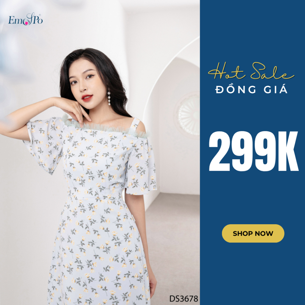 Đầm hoa xoè trễ vai, phối ren lưới Emspo DS3678