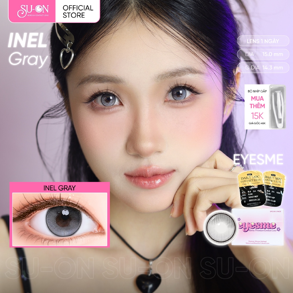 Lens 1 ngày EYESME INEL GRAY GIÃN TRÒNG hack mắt 14,7mm, xám tây nổi bật, siêu êm đeo 24h