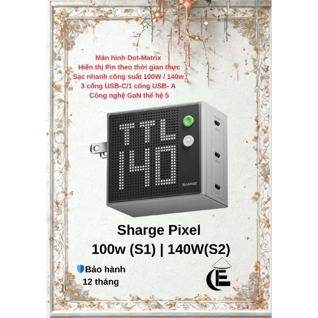 Củ Sạc Nhanh SHARGE PIXEL 67W 100W 140W Màn Hình Điểm Sáng Cổ Điển | 3 Cổng USB - C Max 140W - Bảo h