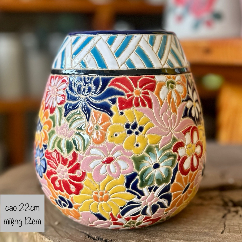 Bình hoa gốm Biên Hòa hoa nổi nhiều màu thủ công men cổ trang trí phòng khách sang trọng
