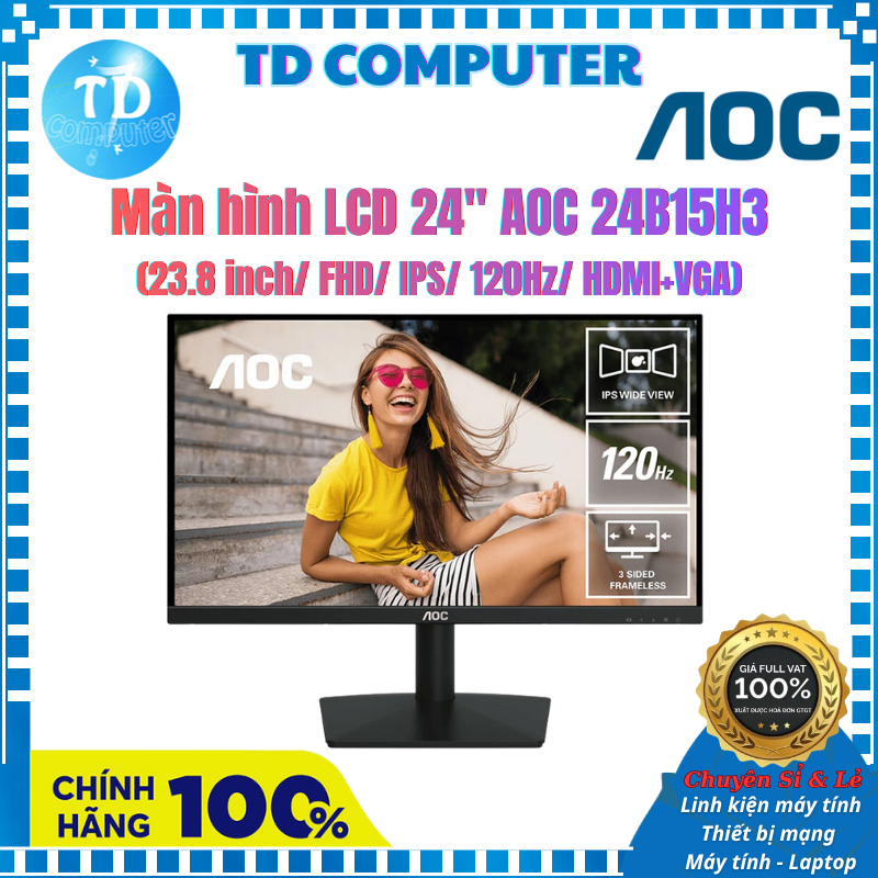 Màn hình LCD 24" AOC 24B15H3 (23.8 inch/ FHD/ IPS/ 120Hz/ HDMI+VGA) - Hàng chính hãng DGW phân phối