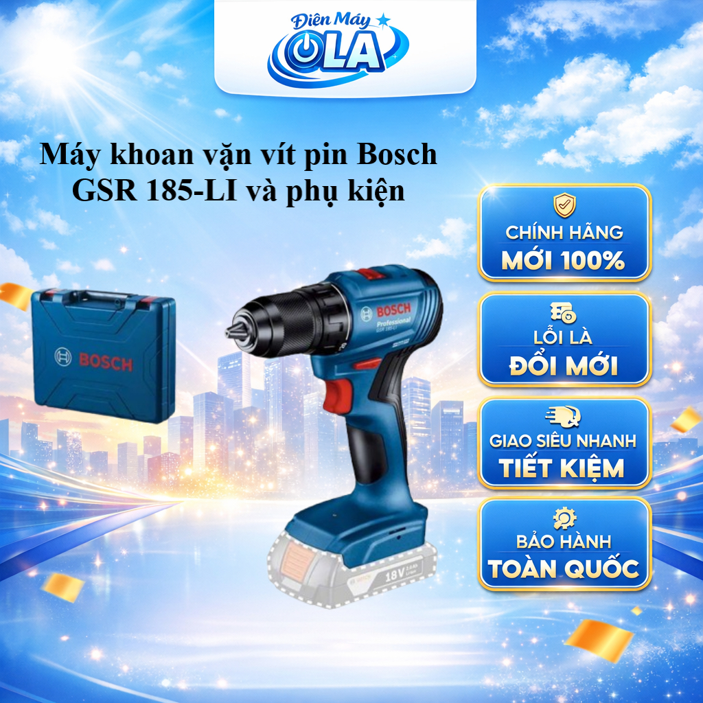 Máy khoan pin vặn vít Bosch GSR 185-LI (SOLO) - 18V, 2.0Ah Li-ion, 50Nm, 930g