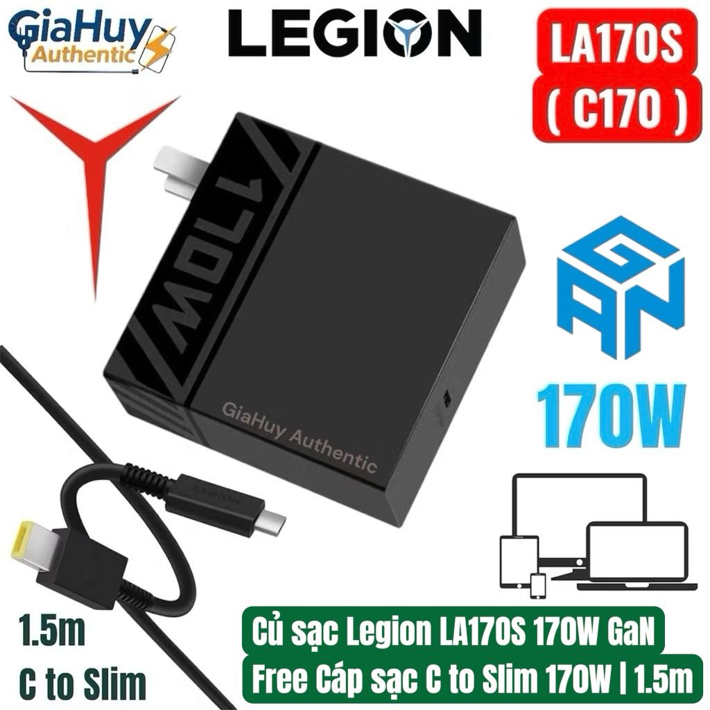 Củ sạc nhanh C170 LEGION LA170 GaN 170W, tặng Cáp sạc C to Slim 170W dài 1.5m, sạc nhanh laptop gami