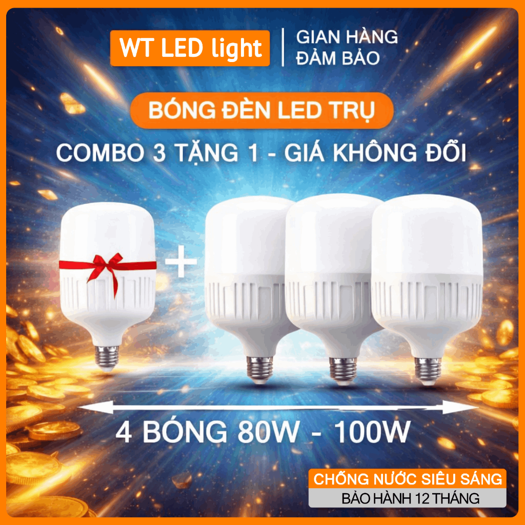 【100W】Combo 4 bóng đèn LED trụ 80W - 100W siêu sáng, Bóng đèn LED siêu tiết kiệm điện siêu bền